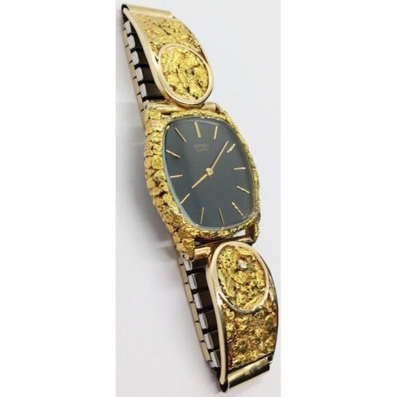 Vintage 1980 Men's Seiko Quartz Gold Nugget Embelished Men's Watch 1980's Retro - Picture 2 of 9